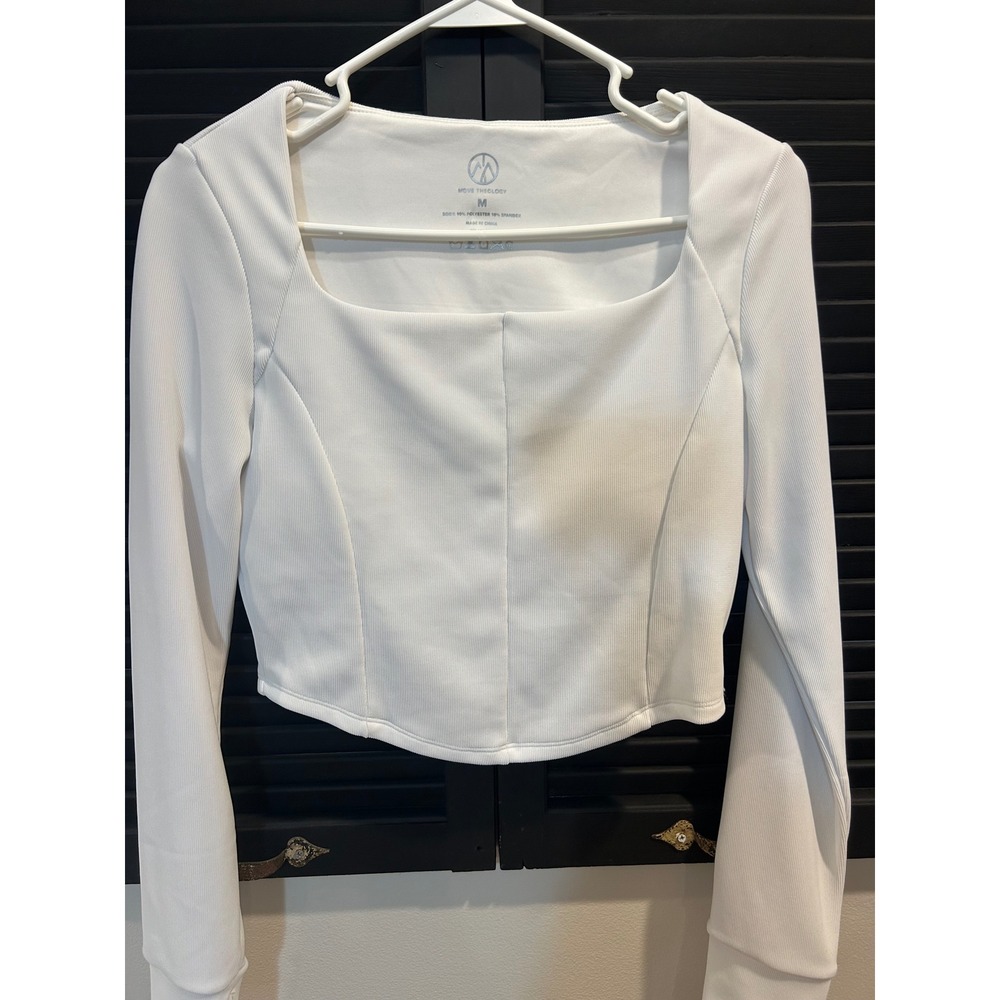 Move Theology White Ribbed Square Neck Long Sleeve Corset Hem Top Medium